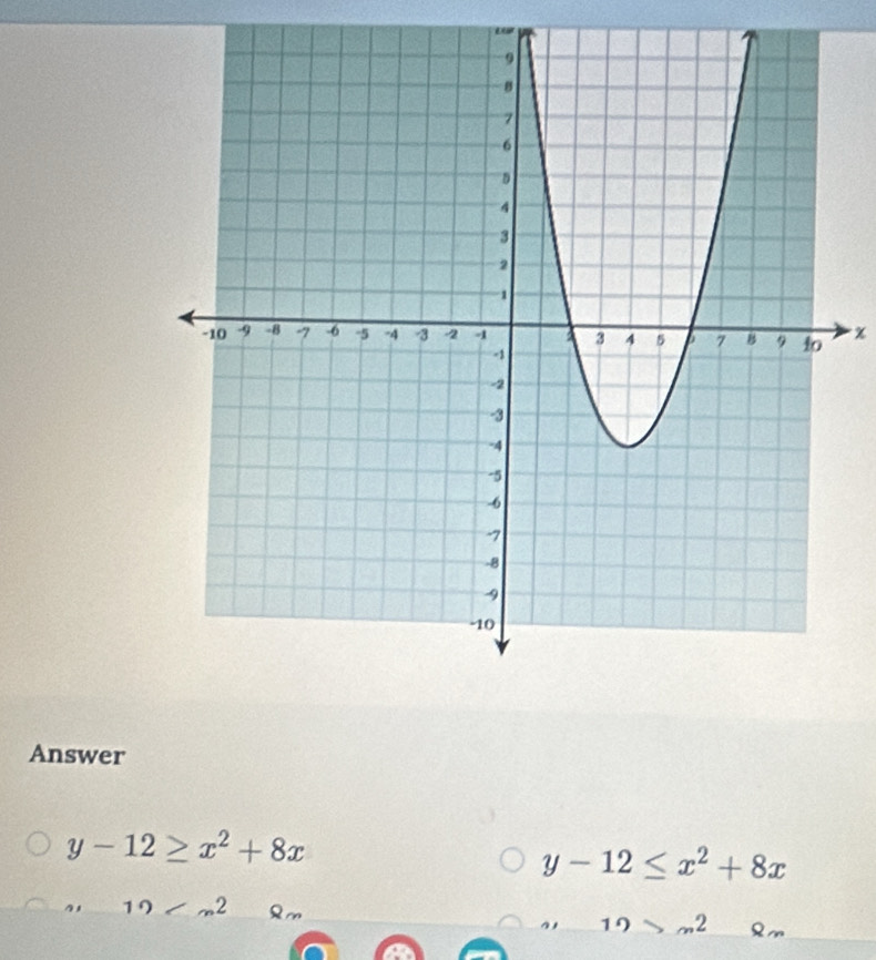 χ
Answer
y-12≥ x^2+8x
y-12≤ x^2+8x
_  2 
19 - 2