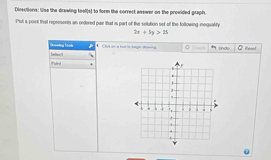 Directions: Use the drawing tool(s) to form the correct answer on the provided graph. 
Plot a point that represents an ordered pair that is part of the solution set of the following inequality
2x+5y>25
Drawing Tools Click on a tool to begin drawing. Desote Undo Reset 
Select 
Point