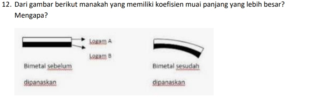 Dari gambar berikut manakah yang memiliki koefisien muai panjang yang lebih besar?
Mengapa?
Logam A
Logam B
Bimetal sebelum Bimetal sesudah
dipanaskan dipanaskan