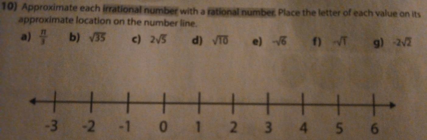 Approximate each irrational number with a rational number. Place the letter of each value on its 
approximate location on the number line. 
a)  π /3  b) sqrt(35) c) 2sqrt(5) d) sqrt(10) e) -sqrt(6) f) -sqrt(1) g) -2sqrt(2)