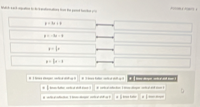 POSSHLE PGNTS. A
Match each equation to its trensformations from the parent function 7==
y=3x+9
y=-3x-0
y= 1/3 x
y= 3/2 x-3
8. 3 times steeper; vertical stifl up 9 8 3 times fatter verlical staft up 9 # I frme steoper, verical still down 3
θ  limes flatter; verlical shifl down 3 N verlical reflaction; 3 times steeper; vertical shil down 9
# verlical reflection, 3 tinws sleeper, vertical shiff up 9 b frows fetter H  1/3  times steepe