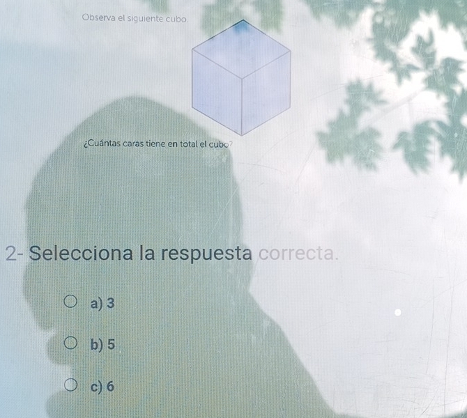 Observa el siguiente cub
¿Cuántas caras tiene en total el cubo?
2- Selecciona la respuesta correcta.
a) 3
b) 5
c) 6