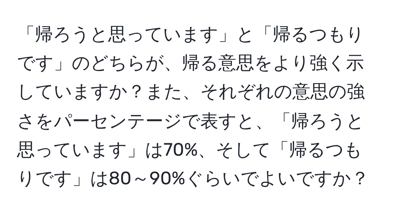 「帰ろうと思っています」と「帰るつもりです」のどちらが、帰る意思をより強く示していますか？また、それぞれの意思の強さをパーセンテージで表すと、「帰ろうと思っています」は70%、そして「帰るつもりです」は80～90%ぐらいでよいですか？