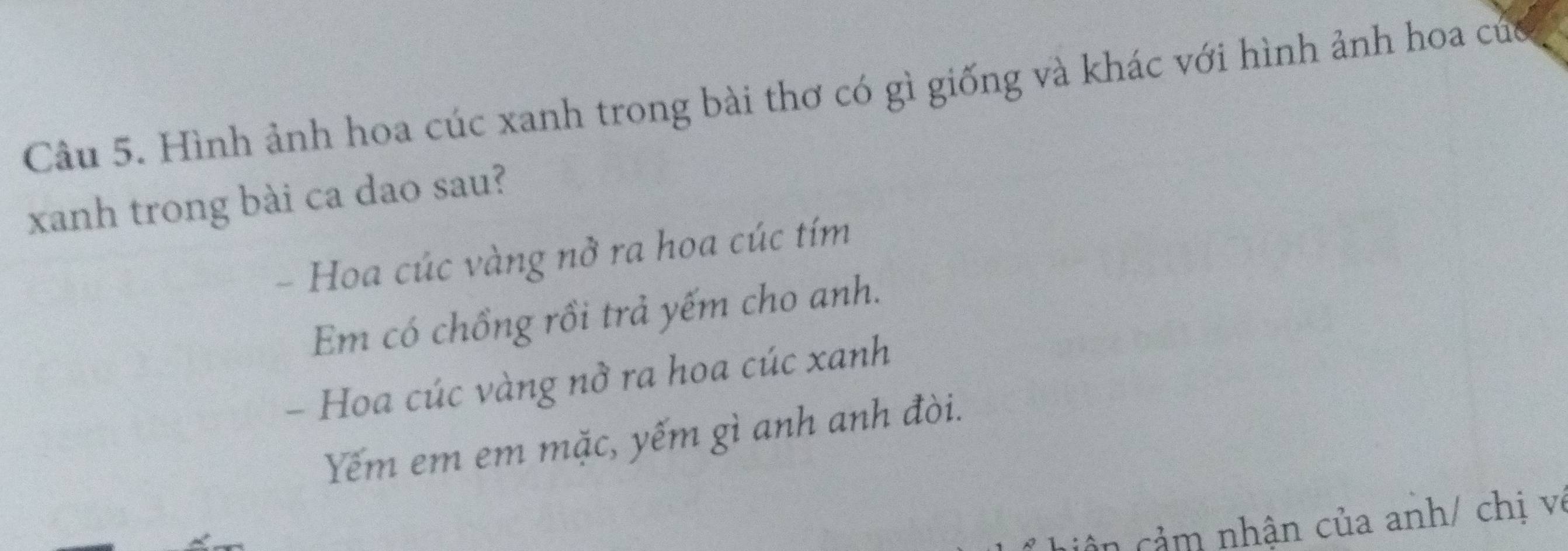 Hình ảnh hoa cúc xanh trong bài thơ có gì giống và khác với hình ảnh hoa của
xanh trong bài ca dao sau?
- Hoa cúc vàng nở ra hoa cúc tím
Em có chồng rồi trả yếm cho anh.
- Hoa cúc vàng nở ra hoa cúc xanh
Yêm em em mặc, yếm gì anh anh đòi.
ân cảm nhận của anh/ chị vô