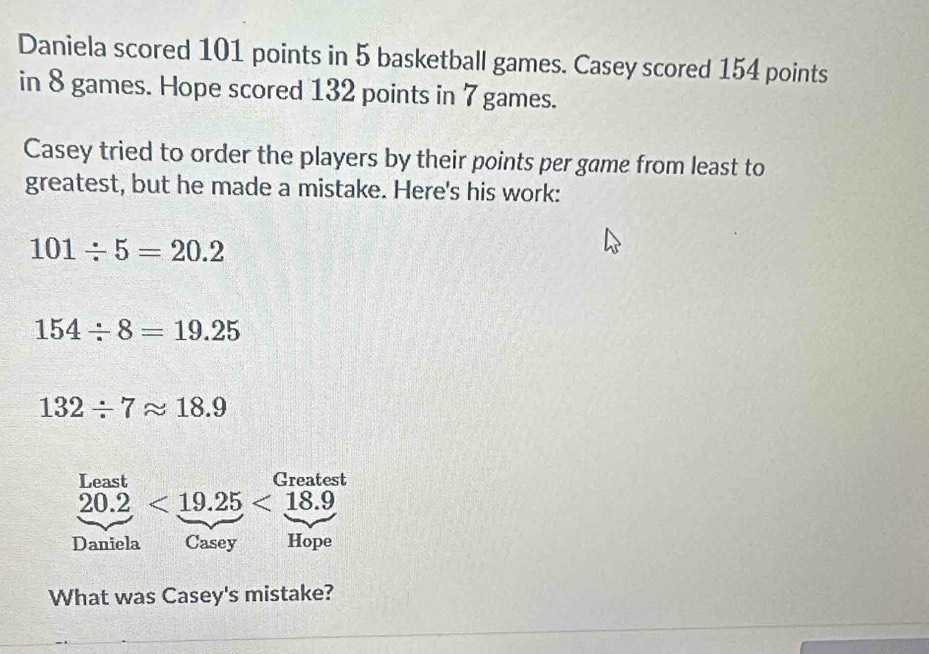 Daniela scored 101 points in 5 basketball games. Casey scored 154 points
in 8 games. Hope scored 132 points in 7 games.
Casey tried to order the players by their points per game from least to
greatest, but he made a mistake. Here's his work:
101/ 5=20.2
154/ 8=19.25
132/ 7approx 18.9
What was Casey's mistake?