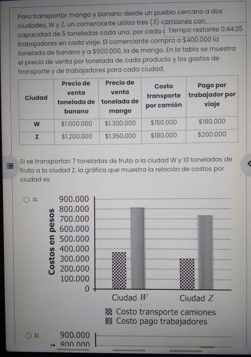 Para transportar mango y banano desde un pueblo cercano a dos
ciudades, W y Z, un comerciante utiliza tres (3) camiones con
capacidad de 5 toneladas cada uno; por cada « Tiempo restante 0:44:25
trabajadores en cada viaje. El comerciante compra a $400.000 la
tonelada de banano y a $500.000, la de mango. En la tabla se muestra
el precio de venta por tonelada de cada producto y los gastos de
transporte y de trabajadores para cada ciudad.
Si se transportan 7 toneladas de fruta a la ciudad W y 10 toneladas de
fruta a la ciudad Z, la gráfica que muestra la relación de costos por
ciudad es
a.
Costo transporte camiones
Costo pago trabajadores
b. 900.000
8∩N ∩∩N