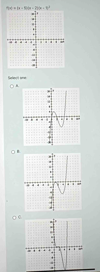 f(x)=(x-5)(x-2)(x-1)^2
Select one: 
A. 
B. 
C