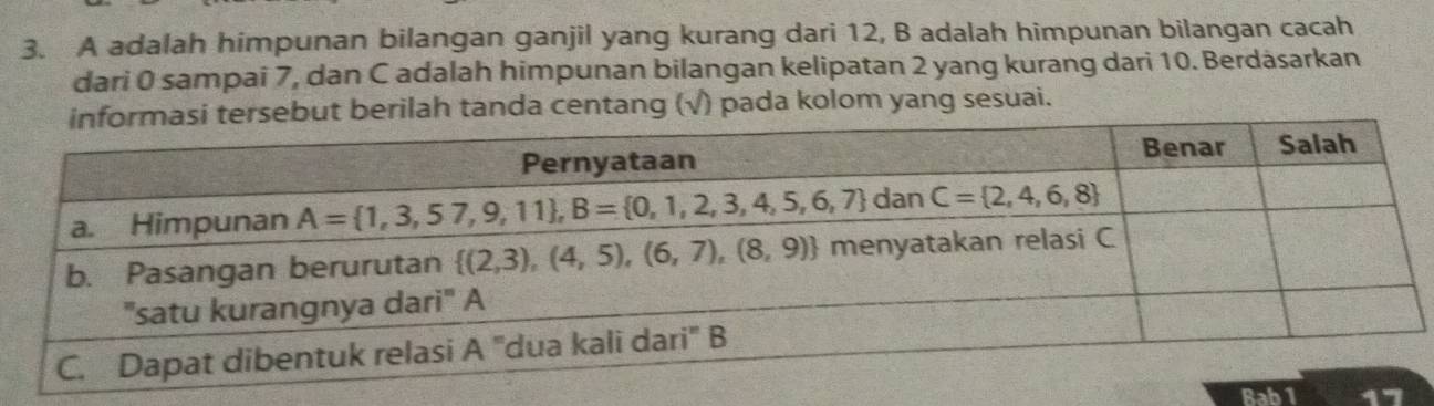 A adalah himpunan bilangan ganjil yang kurang dari 12, B adalah himpunan bilangan cacah
dari 0 sampai 7, dan C adalah himpunan bilangan kelipatan 2 yang kurang dari 10. Berdásarkan
but berilah tanda centang (√) pada kolom yang sesuai.
Bab1 17