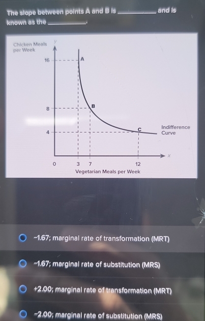 The slope between points A and B is _and is
known as the_
-1,67; marginal rate of transformation (MRT)
-1,67; marginal rate of substitution (MRS)
+2,00; marginal rate of transformation (MRT)
-2.00; marginal rate of substitution (MRS)