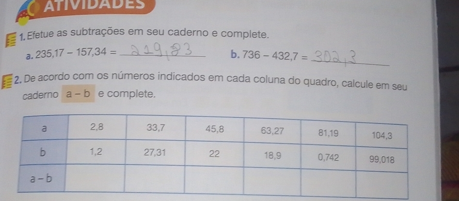 ATIVIDADES
1. Efetue as subtrações em seu caderno e complete.
a. 235,17-157,34= _b. 736-432,7= _
2. De acordo com os números indicados em cada coluna do quadro, calcule em seu
caderno a-b e complete.