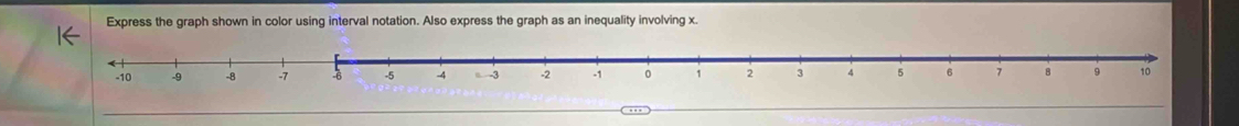 Express the graph shown in color using interval notation. Also express the graph as an inequality involving x.
-10 -9 -8 -7 -6 -5 -4 ≡ -3 p -1 o 1 3 2 5 6 7 8 9 10