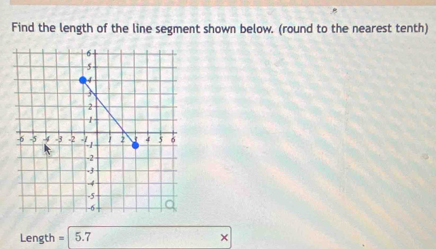 Find the length of the line segment shown below. (round to the nearest tenth) 
Length 5.7