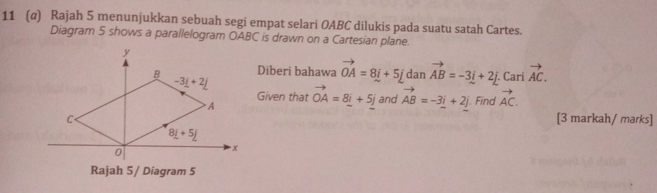 11 (α) Rajah 5 menunjukkan sebuah segi empat selari OABC dilukis pada suatu satah Cartes.
Diagram 5 shows a parallelogram OABC is drawn on a Cartesian plane.
Diberi bahawa vector OA=8i+5j
dan vector AB=-3i+2j. Cari vector AC.
Given that vector OA=8i+5j and vector AB=-3_ i+2_ j. Find vector AC.
[3 markah/ marks]