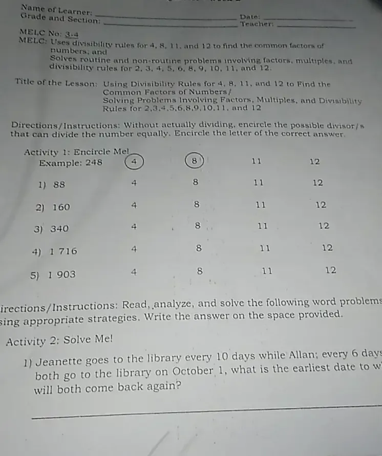 Solved: Name of Learner: Grade and Section:_ Date:_ _Teacher:_ MELC No ...
