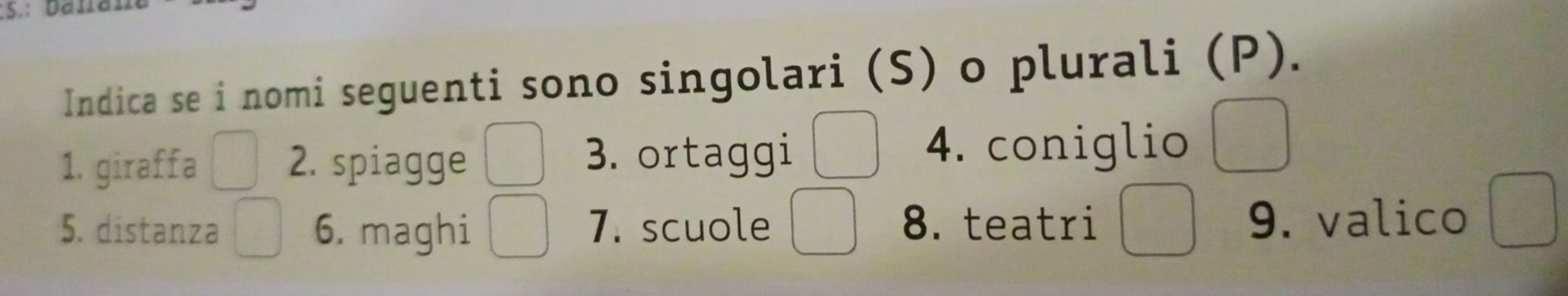 banal 
Indica se i nomi seguenti sono singolari (S) o plurali (P). 
1. giraffa 2. spiagge 
3. ortaggi 4. coniglio 
5. distanza 6. maghi 7. scuole 8. teatri 9. valico