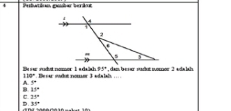 Perhatikan gambar berimt
Be sar suchu nomor 1 a dalah 95° , dan besar sudu nomor 2 adalah
110°. Besar sudut nomor 3 adalah …
A 5°
B. 15°
C. 25°
D. 35°