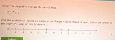 Solve the inequality and graph the solution.
 (m-3)/-1 >1
Plot the endpoints. Select an endpoint to change it from closed to open. Select the middle of 
the segment, ray, or line to delete it. 
。 
Guhmit