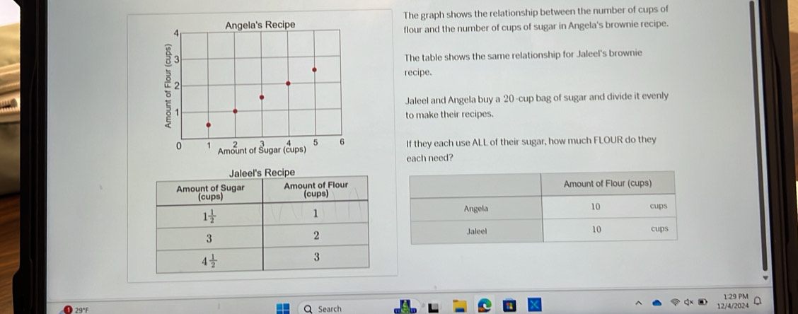 Angela's Recipe The graph shows the relationship between the number of cups of
flour and the number of cups of sugar in Angela's brownie recipe.
The table shows the same relationship for Jaleel's brownie
recipe.
2
u 1
Jaleel and Angela buy a 20-cup bag of sugar and divide it evenly
to make their recipes.
0 1 2 A 5 6 If they each use ALL of their sugar, how much FLOUR do they
Amount of Suge (cups)
each need?
29°F Search 1:29 PM
12/4/2024