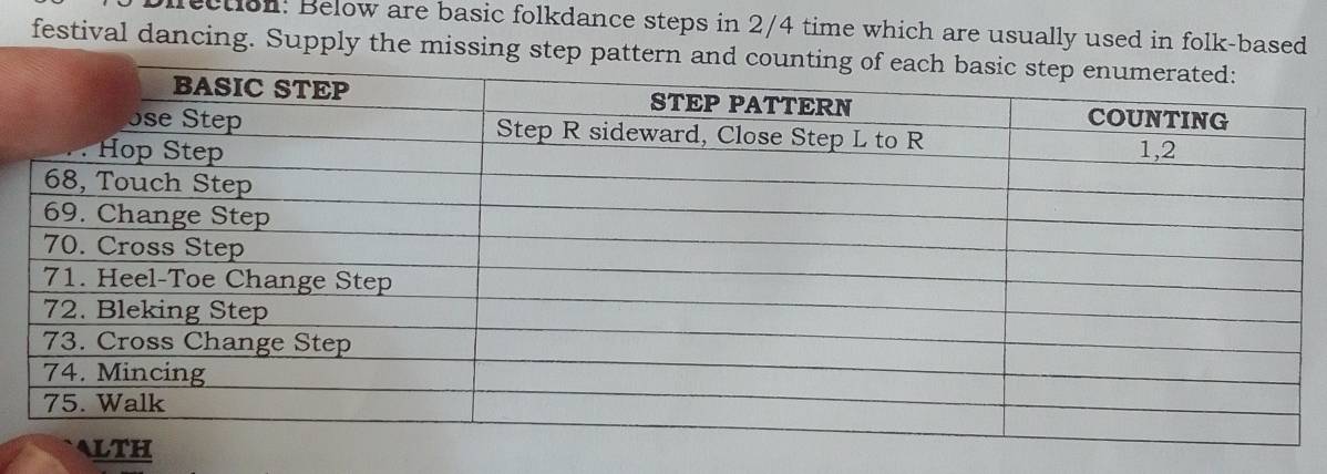 ection: Below are basic folkdance steps in 2/4 time which are usually used in folk-based 
festival dancing. Supply the missing step pa