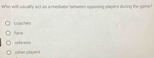 Who will usually act as a mediator between opposing players during the game?
coaches
fans
referees
other players