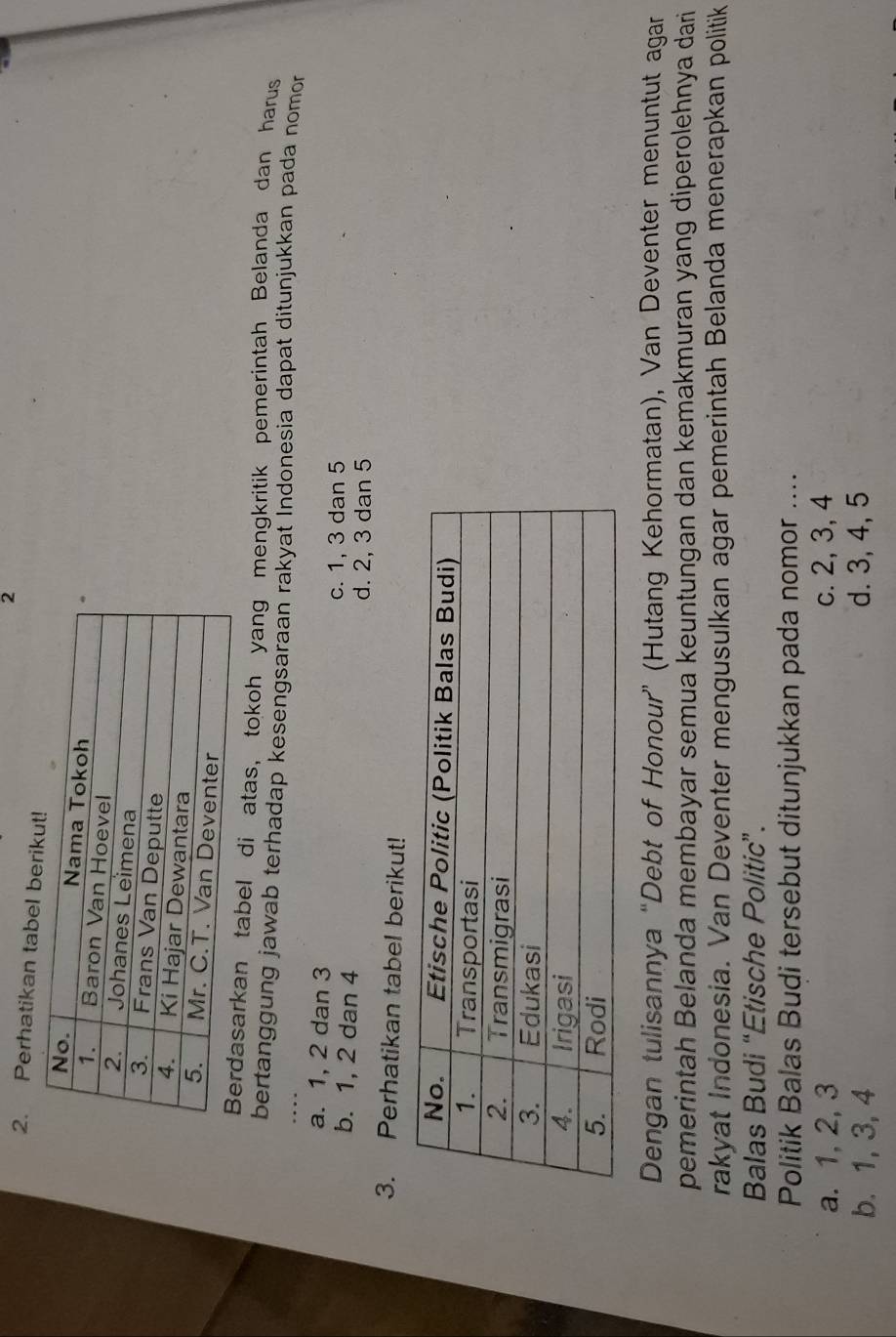 2
2. Perhatikan tabel ber
tabel di atas, tokoh yang mengkritik pemerintah Belanda dan harus
bertanggung jawab terhadap kesengsaraan rakyat Indonesia dapat ditunjukkan pada nomor
a. 1, 2 dan 3
b. 1, 2 dan 4
c. 1, 3 dan 5
d. 2, 3 dan 5
3. Perhatikan tabel berikut!
Dengan tulisannya “Debt of Honour” (Hutang Kehormatan), Van Deventer menuntut agar
pemerintah Belanda membayar semua keuntungan dan kemakmuran yang diperolehnya dari
rakyat Indonesia. Van Deventer mengusulkan agar pemerintah Belanda menerapkan politik
Balas Budi “Etische Politic”.
Politik Balas Budi tersebut ditunjukkan pada nomor ....
a. 1, 2, 3 c. 2, 3, 4
b. 1, 3, 4 d. 3, 4, 5