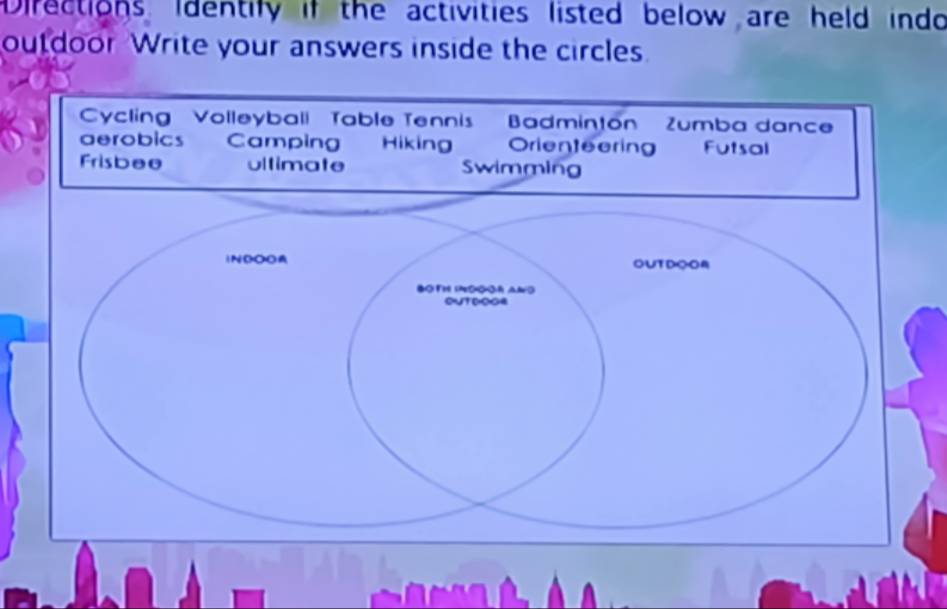 Directions Identify if the activities listed below are held indo 
outdoor Write your answers inside the circles.