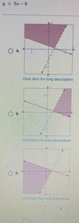 y>2x-3
A 
Click here for long description 
B. 
Click here for long description 
C 
Click here for long description 
6