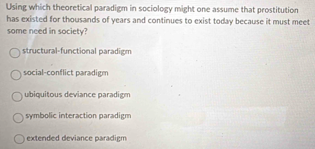 Using which theoretical paradigm in sociology might one assume that prostitution
has existed for thousands of years and continues to exist today because it must meet
some need in society?
structural-functional paradigm
social-conflict paradigm
ubiquitous deviance paradigm
symbolic interaction paradigm
extended deviance paradigm