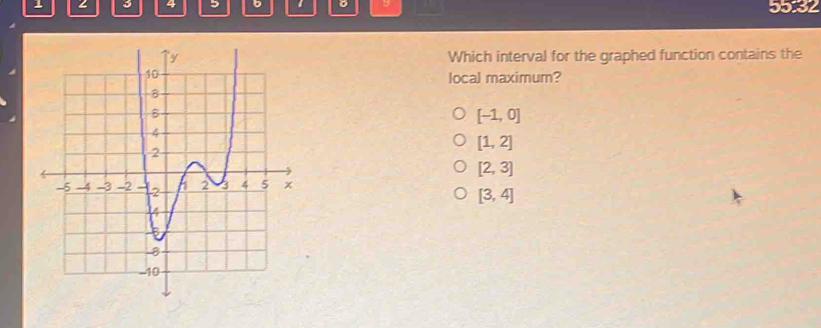 3 4 D 。 55.32
Which interval for the graphed function contains the
local maximum?
[-1,0]
[1,2]
[2,3]
[3,4]