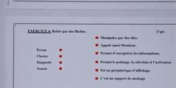 EXERCICE 4; Relier par des flèches. (3 pt) 
Manípuler par des clics. 
Appelé aussi Moniteur. 
Ecran Permet d'enregistrer les informations. 
Clavier 
Disquette Permet le pointage, la sélection et l'activation. 
Sowris Est un périphérique d'affichage. 
C''est un support de stockage