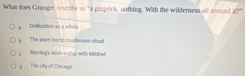 What does Granger describe as “a pinprick, nothing. With the wilderness all around it?”
a Civilization as a whole
b The atom bomb mushroom cloud
C Montag's relationship with Mildred
dà The city of Chicago