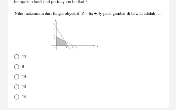 berapakah hasil dari pertanyaan berikut *
Nilai maksimum dari fungsi obyektif Z=6x+4y pada gambar di bawah adalah …
12
8
18
13
16