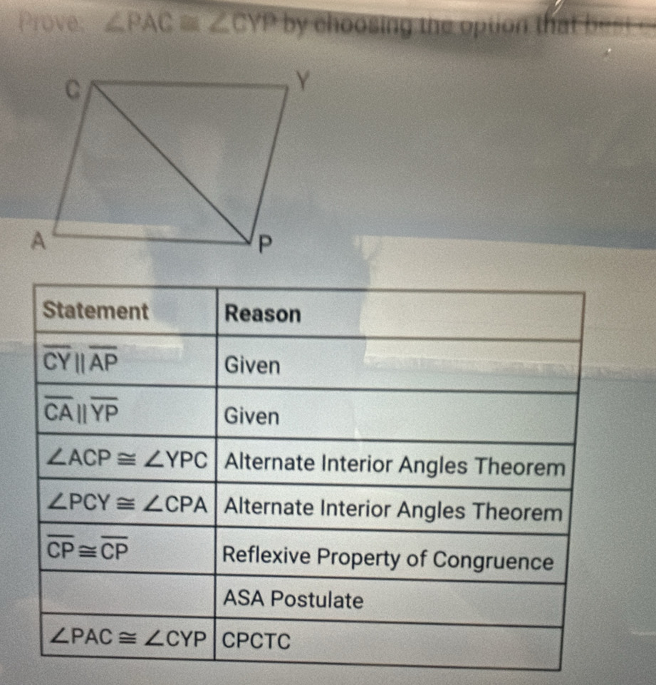 Prove: ∠ PAC≌ ∠ CYP by choosing the option that D