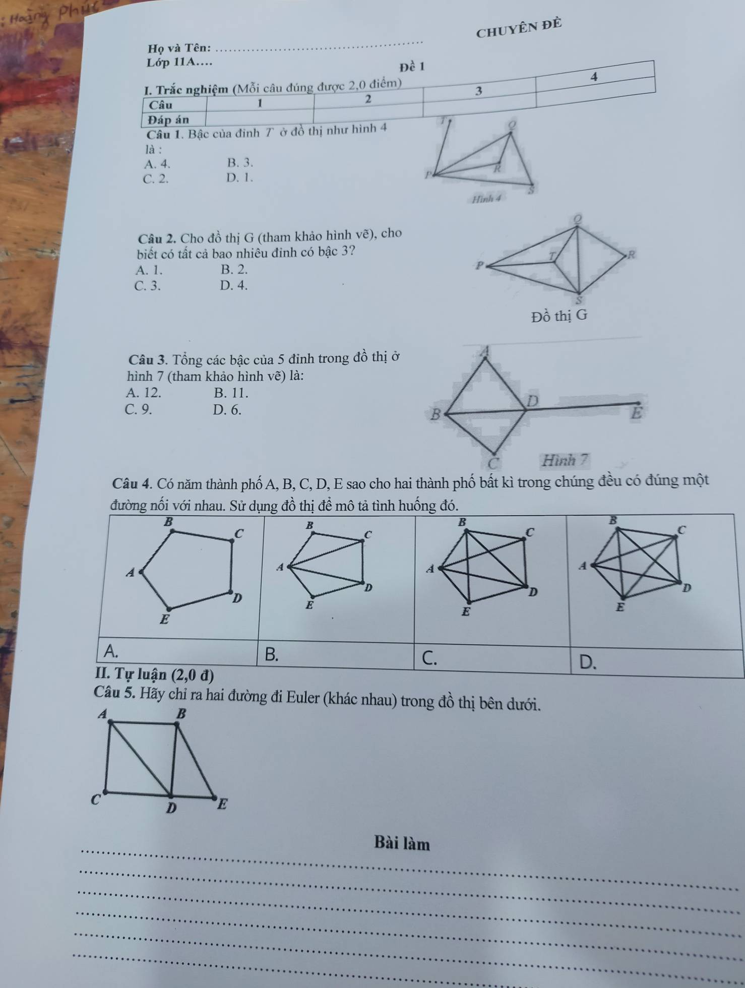 CHUYÊN đÊ
Họ và Tên:
_
Lớp 11A....
Đề 1
I. Trắc nghiệm (Mỗi câu đúng được 2,0 điểm)
4
Câu 1
2
3
Đáp án
Câu 1. Bậc của đinh T ở đồ thị như hình 4 
là :
A. 4. B. 3.
C. 2. D. 1. 
Câu 2, Cho đồ thị G (tham khảo hình vẽ), cho
biết có tất cả bao nhiêu đinh có bậc 3?
A. 1. B. 2.
C. 3. D. 4.
Đồ thị G
Câu 3. Tổng các bậc của 5 đỉnh trong đồ thị ở
hình 7 (tham khảo hình vẽ) là:
A. 12. B. 11.
C. 9. D. 6.
Câu 4. Có năm thành phố A, B, C, D, E sao cho hai thành phố bất kì trong chúng đều có đúng một
Câu 5. Hãy chỉ ra hai đường đi Euler (khác nhau) trong đồ thị bên dưới.
_
Bài làm
_
_
_
_
_