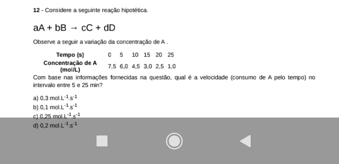 Considere a seguinte reação hipotética
aA+bBto cC+dD
Observe a seguir a variação da concentração de A .
Tempo (s) 0 5 10 15 20 25
Concentração de A 7, 5 6, 0 4, 5 3, 0 2, 5 1, 0
(mol/L)
Com base nas informações fornecidas na questão, qual é a velocidade (consumo de A pelo tempo) no
intervalo entre 5 e 25 min?
a) 0.3mol.L^(-1).s^(-1)
b) 0.1mol.L^(-1).s^(-1)
c) 0.25molL^(-1)s^(-1)
d) 0.2mol.L^(-1).s^(-1)