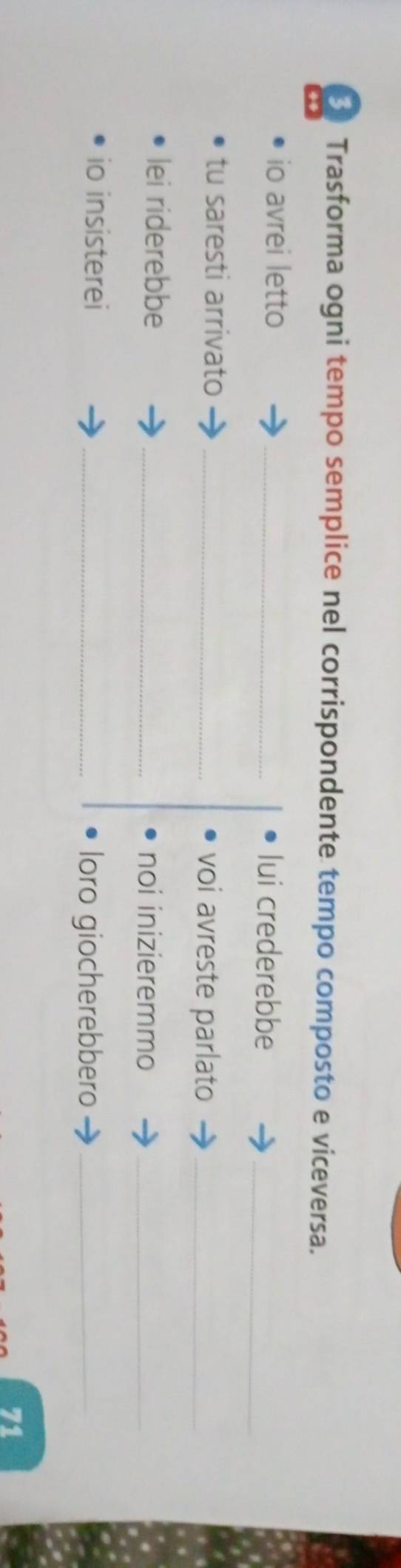 Trasforma ogni tempo semplice nel corrispondente tempo composto e viceversa. 
io avrei letto _lui crederebbe_ 
tu saresti arrivato _voi avreste parlato_ 
lei riderebbe _noi inizieremmo_ 
io insisterei_ 
loro giocherebbero_
71