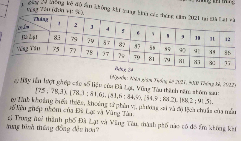 không khi trung 
Vũng Tàu (đơn vị: 
3. Bảng 24 thông kê độ ẩm không khí tru 
(Nguồn: Niên giám Thống kê 2021, NXB Thống kê, 2022) 
a) Hãy lần lượt ghép các số liệu của Đà Lạt, Vũng Tàu thành năm nhóm sau:
[75;78,3), [78,3;81,6), [81,6;84,9), [84,9;88,2), [88,2;91,5). 
b) Tính khoảng biến thiên, khoảng tứ phân vị, phương sai và độ lệch chuẩn của mẫu 
số liệu ghép nhóm của Đà Lạt và Vũng Tàu. 
c) Trong hai thành phố Đà Lạt và Vũng Tàu, thành phố nào có độ ẩm không khí 
trung bình tháng đồng đều hơn?