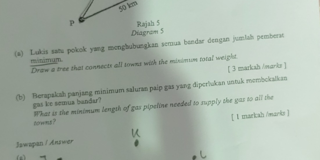 Rajah 5 
Diagram 5 
(a) Lukis satu pokok yang menghubungkan semua bandar dengan jumlah pemberat 
minimum. 
Draw a tree that connects all towns with the minimum total weight. 
[ 3 markah /marks ] 
(b) Berapakah panjang minimum saluran paip gas yang diperlukan untuk membckalkan 
gas ke semua bandar? 
What is the minimum length of gas pipeline needed to supply the gas to all the 
[ 1 markah /marks ] 
towns? 
Jawapan / Answer 
(2)