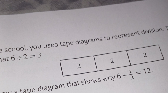 school, you usiagrams to represent division. T
at 6/ 2=3
a  tape diagram that shows wh