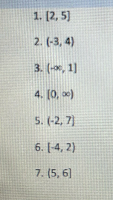 [2,5]
2. (-3,4)
3. (-∈fty ,1]
4. [0,∈fty )
5. (-2,7]
6. [-4,2)
7. (5,6]