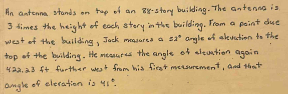 An antenna stands on top of an 88 -story building. The antenna is
3 times the height of each story in the building. From a point duse 
west of the building, Jack measures a 52° angle of elevation to the 
top of the building. He measures the angle of elevation again
422. a3 ft further west from his first measurement, and that 
angle of eletation is 41°.