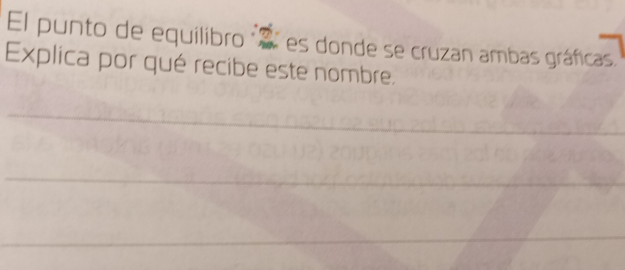 El punto de equilibro " es donde se cruzan ambas gráficas. 
Explica por qué recibe este nombre. 
_ 
_ 
_ 
_ 
_ 
_ 
_ 
__