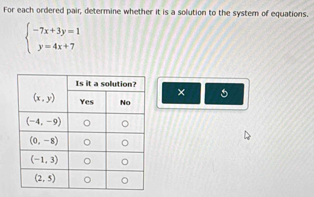 For each ordered pair, determine whether it is a solution to the system of equations.
beginarrayl -7x+3y=1 y=4x+7endarray.
×