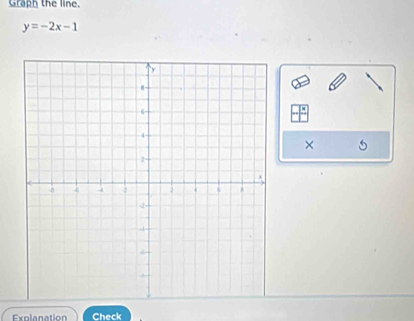 Graph the line.
y=-2x-1
× 5 
Explanation Check