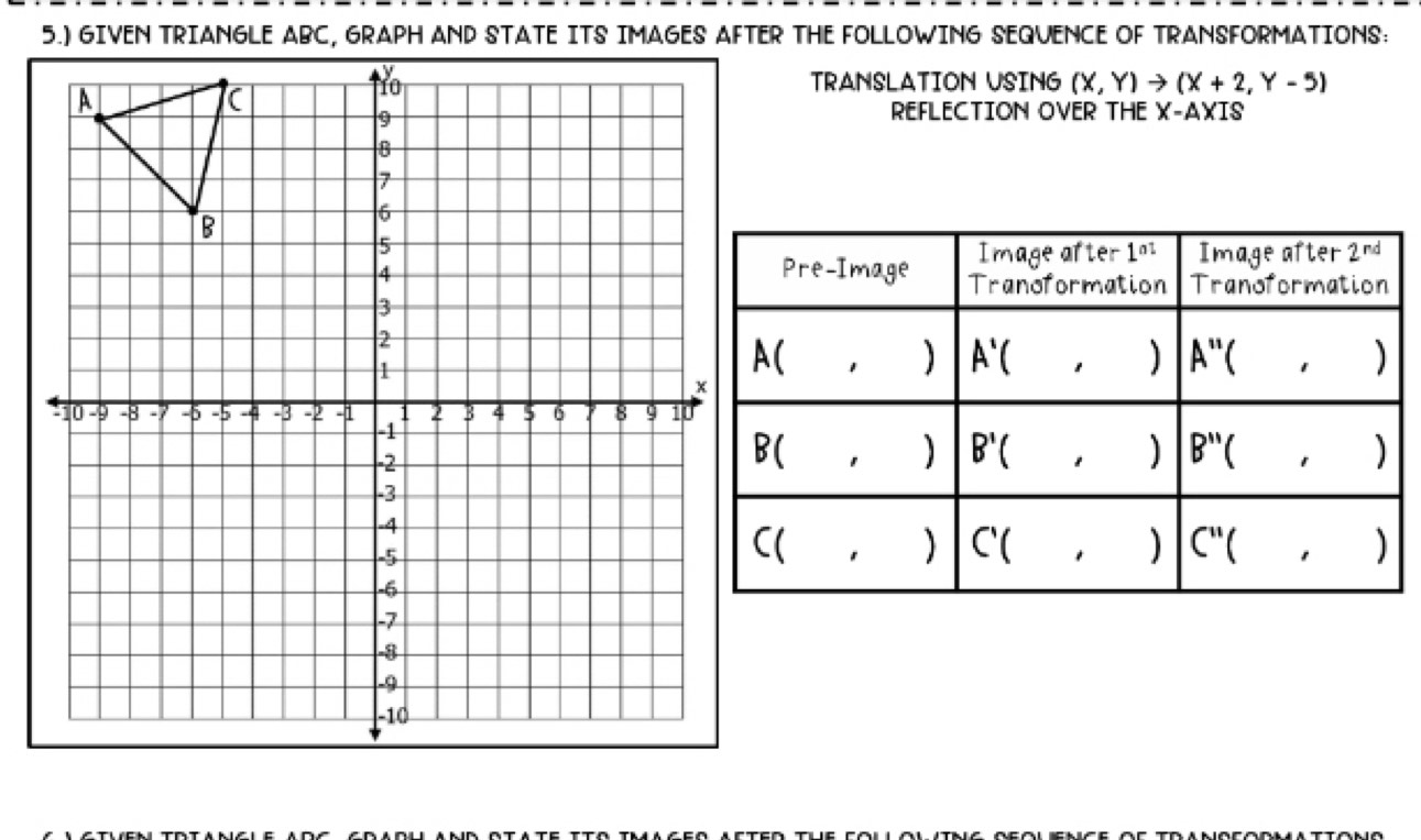 5.) GIVEN TRIANGLE ABC, GRAPH AND STATE ITS IMAGES AFTER THE FOLLOWING SEQUENCE OF TRANSFORMATIONS:
TRANSLATION USING (X,Y)to (X+2,Y-5)
REFLECTION OVER THE X-AXIS