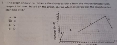 The graph shows the distance the skateboarder is from the motion detector with
respect to time. Based on the graph, during which intervals was the skateboarder
standing still?
a. A
b B
c. C
d. D