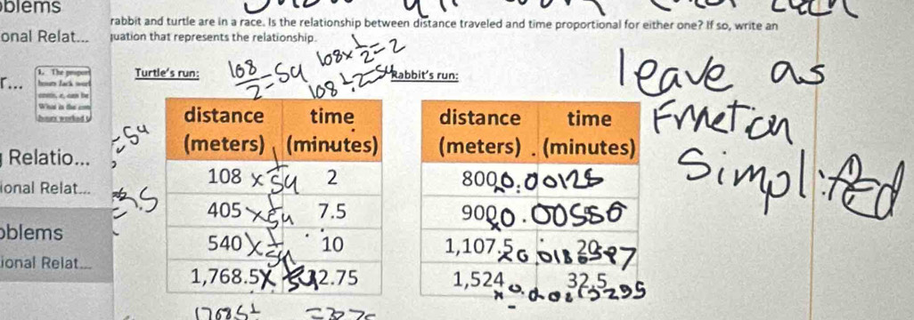 blems 
rabbit and turtle are in a race. Is the relationship between distance traveled and time proportional for either one? If so, write an 
onal Relat... Juation that represents the relationship. 
1. The p Turtle's run: 
r.. boum Jack wor Rabbit's run: 
coss, z, can be 
What in th === 
hours worked t 
Relatio... 
ional Relat... 

blems 
ional Relat...