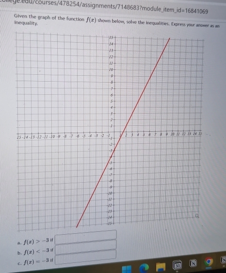 =16841069 
Given the graph of the function
inequality. f(x) shown below, solve the inequalities. Express your answer as an
a. f(x)>-3 if
b. f(x) if
c. f(x)=-3 If