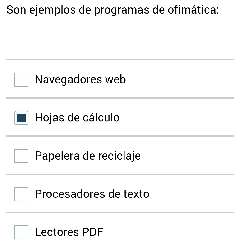 Son ejemplos de programas de ofimática:
Navegadores web
Hojas de cálculo
Papelera de reciclaje
Procesadores de texto
Lectores PDF