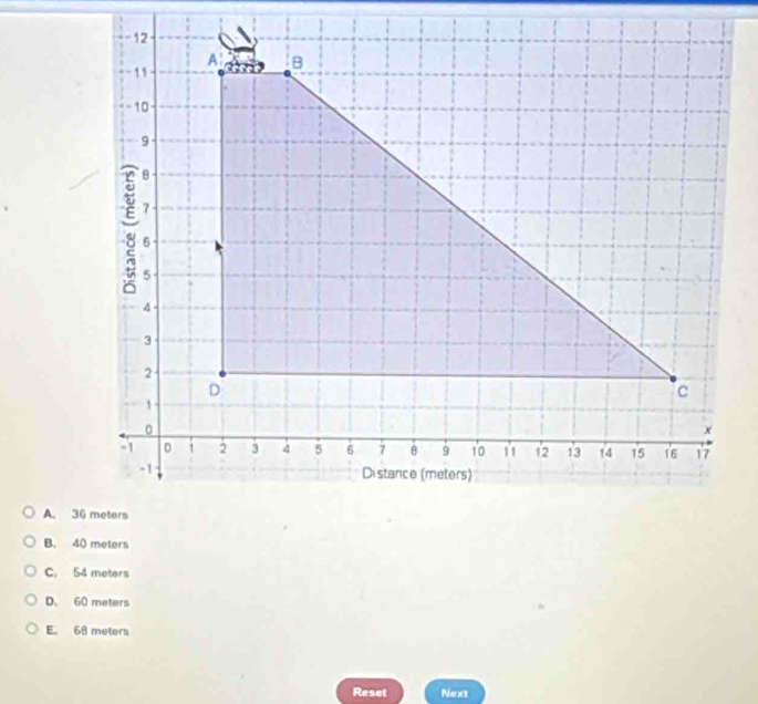 C. 54 meters
D. 60 meters
E. 68 meters
Reset Next
